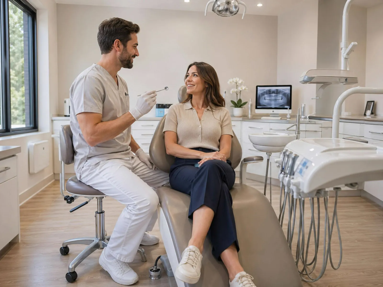 Dentista conversando com paciente no consultório (imagem ilustrativa)